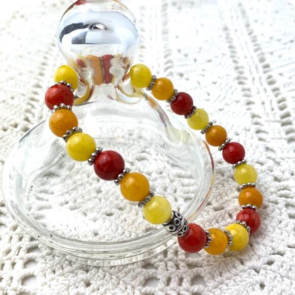 Beaded Stretch Bracelet Silver Detail Red Yellow - Picture 2 of 4
